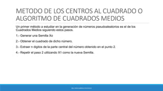 METODO DE LOS CENTROS AL CUADRADO O
ALGORITMO DE CUADRADOS MEDIOS
Un primer método a estudiar en la generación de números pseudoaleatorios es el de los
Cuadrados Medios siguiendo estos pasos.
1.- Generar una Semilla Xo
2.- Obtener el cuadrado de dicho número.
3.- Extraer n digitos de la parte central del número obtenido en el punto 2.
4.- Repetir el paso 2 utilizando X1 como la nueva Semilla.
ING. EDNA GABRIELA CEJA SILVA
 