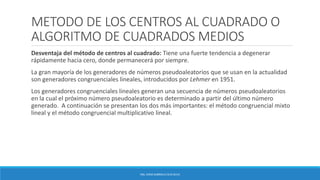 METODO DE LOS CENTROS AL CUADRADO O
ALGORITMO DE CUADRADOS MEDIOS
Desventaja del método de centros al cuadrado: Tiene una fuerte tendencia a degenerar
rápidamente hacia cero, donde permanecerá por siempre.
La gran mayoría de los generadores de números pseudoaleatorios que se usan en la actualidad
son generadores congruenciales lineales, introducidos por Lehmer en 1951.
Los generadores congruenciales lineales generan una secuencia de números pseudoaleatorios
en la cual el próximo número pseudoaleatorio es determinado a partir del último número
generado. A continuación se presentan los dos más importantes: el método congruencial mixto
lineal y el método congruencial multiplicativo lineal.
ING. EDNA GABRIELA CEJA SILVA
 