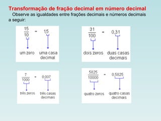 Transformação de fração decimal em número decimal     Observe as igualdades entre frações decimais e números decimais a seguir:                                                                                                                                                                                                                                                                                                                                                                                                                             