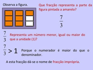 Observa a figura.      Que fracção representa a parte da
                       figura pintada a amarelo?

                                     7
                                     3
7   Representa um número menor, igual ou maior do
3   que a unidade (1)?

7
3   >1      Porque o numerador é maior do que o
            denominador.
  A esta fracção dá-se o nome de fracção imprópria.
 