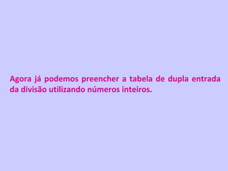 Agora já podemos preencher a tabela de dupla entrada
da divisão utilizando números inteiros.
 