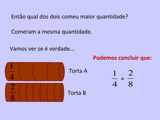 Então qual dos dois comeu maior quantidade?

Comeram a mesma quantidade.

Vamos ver se é verdade...
                                Podemos concluir que:
1
                      Torta A         1 2
4                                      =
2                                     4 8
                      Torta B
8
 