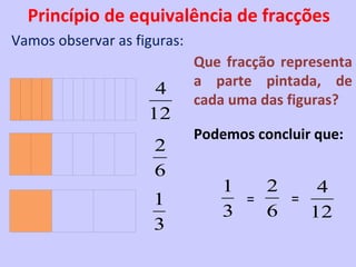 Princípio de equivalência de fracções
Vamos observar as figuras:
                             Que fracção representa
                             a parte pintada, de
                     4
                             cada uma das figuras?
                    12
                             Podemos concluir que:
                     2
                     6
                                1   2    4
                     1            =   =
                                3   6   12
                     3
 