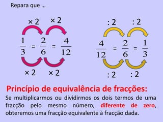 Repara que …

       ×2       ×2                 :2       :2

     1   2    4                 4   2   1
       =   =                      =   =
     3   6   12                12   6   3

      ×2        ×2                 :2      :2
Princípio de equivalência de fracções:
Se multiplicarmos ou dividirmos os dois termos de uma
fracção pelo mesmo número, diferente de zero,
obteremos uma fracção equivalente à fracção dada.
 