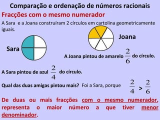 Comparação e ordenação de números racionais
Fracções com o mesmo numerador
A Sara e a Joana construíram 2 círculos em cartolina geometricamente
iguais.
                                                   Joana
  Sara                                                 2
                           A Joana pintou de amarelo     do círculo.
                                                       6
                      2
A Sara pintou de azul   do círculo.
                      4
Qual das duas amigas pintou mais? Foi a Sara, porque
                                                         2   2
                                                         4 > 6
De duas ou mais fracções com o mesmo numerador,
representa o maior número a que tiver menor
denominador.
 