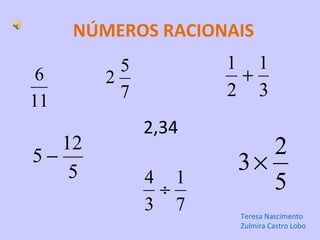 NÚMEROS RACIONAIS
          5          1 1
 6      2             +
          7          2 3
11
              2,34
   12                   2
5−                   3×
    5         4 1
               ÷        5
              3 7     Teresa Nascimento
                      Zulmira Castro Lobo
 
