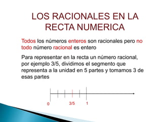 Todos los números enteros son racionales pero no
todo número racional es entero
Para representar en la recta un número racional,
por ejemplo 3/5, dividimos el segmento que
representa a la unidad en 5 partes y tomamos 3 de
esas partes
0 3/5 1
LOS RACIONALES EN LA
RECTA NUMERICA
 
