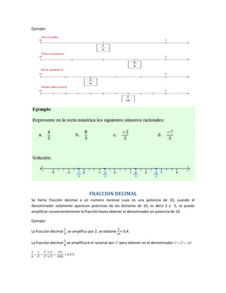 Ejemplo:




                                   FRACCION DECIMAL
Se llama fracción decimal a un número racional cuyo es una potencia de 10; cuando el
denominador solamente aparecen potencias de los divisores de 10, es decir 2 y 5, se puede
amplificar convenientemente la fracción hasta obtener el denominador en potencia de 10.

Ejemplo:

La fracción decimal , se amplifica por 2, se obtiene   = 0,4.

La fracción decimal se amplificará el racional por     para obtener en el denominador
 