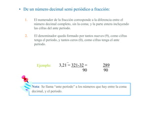 3,21 = 321-32 = 289
9090
• De un número decimal semi periódico a fracción:
1. El numerador de la fracción corresponde a la diferencia entre el
número decimal completo, sin la coma; y la parte entera incluyendo
las cifras del ante período.
2. El denominador queda formado por tantos nueves (9), como cifras
tenga el período, y tantos ceros (0), como cifras tenga el ante
período.
Nota: Se llama “ante período” a los números que hay entre la coma
decimal, y el período.
Ejemplo:
 
