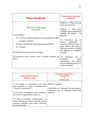 171




                                                               Expectativas do professor
                   Plano detalhado                                    (objetivos)

                                                             Objetivo 1: Obter a lista de
                                                             mais um irracional.
                   AULA 9: 31 de maio
                        (2 períodos)                         Objetivo 2: Obter mais
                                                             subsídios para avaliação do
                                                             trabalho de estágio e da
1º) Atividades:                                              proposta.
       Construa e estime a diagonal de um quadrado de lado
                                                             1º) Esperamos que os
       medindo 3 unidades.
                                                             alunos     reproduzam     o
       Qual o significado numérico desta quantidade?         raciocínio desenvolvido na
       Correção.                                             aula anterior para gerar a
                                                             lista que expressa a medida
                                                             da diagonal do quadrado
2º) Aplicação do questionário-avaliação.                     unitário.

3º) Entrevista com os alunos sobre o projeto realizado em 2º) Esperamos que o
geral.                                                    resultado            deste
                                                          questionário seja melhor
                                                          do que daquele aplicado no
                                                          início do projeto.



                                                       Conclusões do professor:
         Observações do professor                           Expectativas
             (durante a aula)                                     x
                                                            Observações

1º) Os alunos se contentaram com duas Objetivos atingidos
casas decimais e a seguir se manifestaram:
“Chega! Já entendemos!”                    Analisando-se a tabulação do questionário,
                                           verificamos que os resultados foram bem
2º) Os alunos mostraram-se mais confiantes melhores.
em resolver o questionário desta vez.

3º) Além de produzir conhecimentos, os
alunos referiram-se muito ao fato de a turma
conseguir trabalhar mais unida. Disseram
que foi divertido!
 