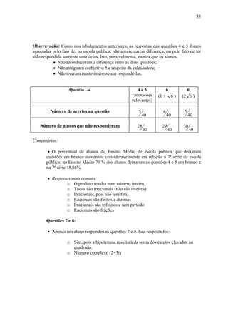 33




Obseravação: Como nos tabulamentos anteriores, as respostas das questões 4 e 5 foram
agrupadas pelo fato de, na escola pública, não apresentarem diferença, ou pelo fato de ter
sido respondida somente uma delas. Isto, possivelmente, mostra que os alunos:
           • Não reconheceram a diferença entre as duas questões;
           • Não atingiram o objetivo 5 a respeito da calculadora;
           • Não tiveram muito interesse em respondê-las.


                   Questão →                            4e5               6             6
                                                     (anotações    (1 +       6)   (2 6 )
                                                     relevantes)

         Número de acertos na questão                   5            6              5
                                                            40            40            40

   Número de alunos que não responderam                 28           29            30
                                                             40           40            40

Comentários:

        • O percentual de alunos do Ensino Médio de escola pública que deixaram
       questões em branco aumentou consideravelmente em relação a 7ª série da escola
       pública: no Ensino Médio 70 % dos alunos deixaram as questões 4 e 5 em branco e
       na 7ª série 48,86%.

        • Respostas mais comuns:
                 o O produto resulta num número inteiro.
                 o Todos são irracionais (não são inteiros)
                 o Irracionais, pois não têm fim.
                 o Racionais são finitos e dízimas
                 o Irracionais são infinitos e sem período
                 o Racionais são frações

       Questões 7 e 8:

        • Apenas um aluno respondeu as questões 7 e 8. Sua resposta foi:

                  o Sim, pois a hipotenusa resultará da soma dos catetos elevados ao
                    quadrado.
                  o Número complexo (2+3i)
 