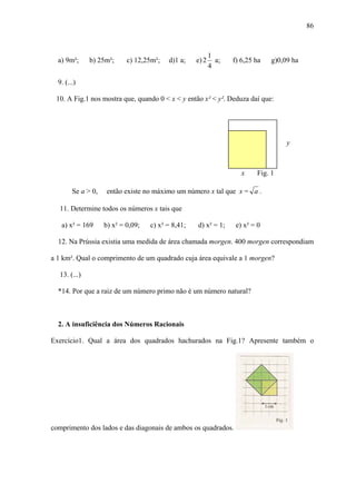 86



                                                           1
  a) 9m²;     b) 25m²;      c) 12,25m²;   d)1 a;    e) 2     a;   f) 6,25 ha   g)0,09 ha
                                                           4

  9. (...)

 10. A Fig.1 nos mostra que, quando 0 < x < y então x² < y². Deduza daí que:




                                                                                    y



                                                                     x    Fig. 1

        Se a > 0,   então existe no máximo um número x tal que x = a .

  11. Determine todos os números x tais que

   a) x² = 169      b) x² = 0,09;   c) x² = 8,41;   d) x² = 1;     e) x² = 0

  12. Na Prússia existia uma medida de área chamada morgen. 400 morgen correspondiam

a 1 km². Qual o comprimento de um quadrado cuja área equivale a 1 morgen?

  13. (...)

  *14. Por que a raiz de um número primo não é um número natural?



  2. A insuficiência dos Números Racionais

Exercício1. Qual a área dos quadrados hachurados na Fig.1? Apresente também o




comprimento dos lados e das diagonais de ambos os quadrados.
 
