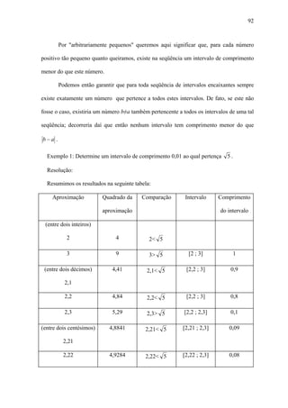 92



        Por "arbitrariamente pequenos" queremos aqui significar que, para cada número

positivo tão pequeno quanto queiramos, existe na seqüência um intervalo de comprimento

menor do que este número.

        Podemos então garantir que para toda seqüência de intervalos encaixantes sempre

existe exatamente um número que pertence a todos estes intervalos. De fato, se este não

fosse o caso, existiria um número b≠a também pertencente a todos os intervalos de uma tal

seqüência; decorreria daí que então nenhum intervalo tem comprimento menor do que

b−a .

  Exemplo 1: Determine um intervalo de comprimento 0,01 ao qual pertença     5.

  Resolução:

  Resumimos os resultados na seguinte tabela:

    Aproximação           Quadrado da     Comparação        Intervalo     Comprimento

                          aproximação                                      do intervalo

 (entre dois inteiros)

           2                   4             2< 5

           3                   9             3> 5            [2 ; 3]            1

 (entre dois décimos)        4,41           2,1< 5          [2,2 ; 3]          0,9

          2,1

          2,2                4,84           2,2< 5          [2,2 ; 3]          0,8

          2,3                5,29           2,3> 5         [2,2 ; 2,3]         0,1

(entre dois centésimos)     4,8841         2,21< 5         [2,21 ; 2,3]       0,09

         2,21

         2,22               4,9284         2,22< 5         [2,22 ; 2,3]       0,08
 