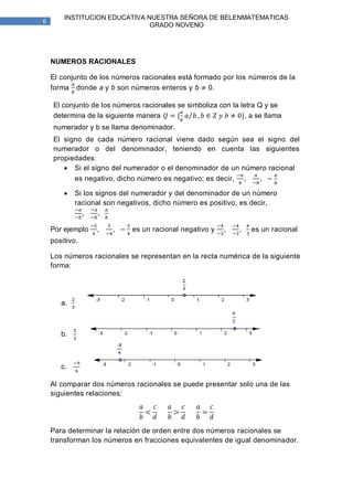 INSTITUCION EDUCATIVA NUESTRA SEÑORA DE BELENMATEMATICAS
6
                               GRADO NOVENO




    NUMEROS RACIONALES

    El conjunto de los números racionales está formado por los números de la
    forma donde a y b son números enteros y b 0.

    El conjunto de los números racionales se simboliza con la letra Q y se
    determina de la siguiente manera              ∈             , a se llama
    numerador y b se llama denominador.
    El signo de cada número racional viene dado según sea el signo del
    numerador o del denominador, teniendo en cuenta las siguientes
    propiedades:
        Si el signo del numerador o el denominador de un número racional
          es negativo, dicho número es negativo; es decir,

           Si los signos del numerador y del denominador de un número
            racional son negativos, dicho número es positivo; es decir,


    Por ejemplo             es un racional negativo y             es un racional
    positivo.

    Los números racionales se representan en la recta numérica de la siguiente
    forma:




       a.



       b.



       c.

    Al comparar dos números racionales se puede presentar solo una de las
    siguientes relaciones:




    Para determinar la relación de orden entre dos números racionales se
    transforman los números en fracciones equivalentes de igual denominador.
 