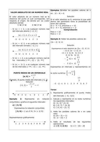 VALOR ABSOLUTO DE UN NUMERO REAL
El valor absoluto de un número real es la
distancia del punto al cual corresponde, con
respecto al origen. Se denota por |a| (valor
absoluto) donde:
| -a | = a | +a | = a
- Si |x| = < 2, x es cualquier número real
del intervalo abierto ] –2; 2 [
|x| < 2, ó –2 < x < 2
-3 -2 -1 0 1 2 3
- Si |x| = ≤ 2, x es cualquier número real
del intervalo cerrado [ –2; 2 ]
|x| ≤ 2, ó –2 ≤ x ≤ 2
-3 -2 -1 0 1 2 3
- Si |x| = > 2, x es cualquier número real de
los intervalos ]– ∞ ; -2[ ∪ ]2; ∞ [
- Si |x| = ≥ 2, x es cualquier número real
de los intervalos ]– ∞ ; -2] ∪ [2; ∞ [
PUNTO MEDIO DE UN INTERVALO
[a; b] =
2
ba +
Ejemplo; El punto medio del intervalo [-5, 3]
Solución
[-5, 3] = 1
2
35
−=
+−
-5 -4 -3 -2 -1 0 1 2 3
Ejemplo 2: Representa en notación
conjuntista y grafica el siguiente intervalo:
a) ] 3; 9]
Expresamos la notación conjuntista
] 3; 9] = { x/x ∈R; 3< x ≤ 9}
Representamos gráficamente
1 2 3 4 5 6 7 8 9 10
Ejemplos 3:Hallar los posibles valores de x
en: |X – 4| = 6
Solución
Si el valor absoluto es 6, entonces lo que está
dentro del paréntesis tiene la posibilidad de
tener dos valores:
Si x – 4 = 6, entonces x = 10
Si x – 4 = -6, entonces x = -2
Comprobación
Para x = 10
Para x = -2
Ejemplo 4: Hallar los posibles valores de:
|3x – 2| ≤ 11
Solución
Expresamos el valor absoluto de |3x – 2| ≤ 11
- 11 ≤ 3x – 2 ≤ 11
-11 + 2 ≤ 3x ≤ 11+ 2
-9 ≤ 3x ≤ 13
-
3
9
≤ x ≤
3
13
- 3 ≤ x ≤
3
13
Expresamos en intervalo y representamos en
la recta numérica 





−
3
13
;3
3
13
-3 -2 -1 0 1 2 3 4 5 6 7
Tarea:
1. Representa gráficamente el punto medio
del intervalo: [ -6; -5/2]
2. Calcula y representa en la recta numérica
los siguientes intervalos:
A) ]1; 5[∩ [4; 6]
B) [-4; 7] ∩ ]4; 8]
C) ]-3; 6] – [2; 7]
3. Halla los posibles valores de x en cada
caso:
a) |2x – 5| = 11
b) |x - 15| = 2
4. Halla el resultado de las siguientes
operaciones:
a) |-5 +|-2-3|| b) |-3 – 10| - 20
 