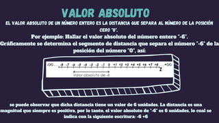 VALOR ABSOLUTO
El valor absoluto de un número entero es la distancia que separa al número de la posición
cero "0".
Por ejemplo: Hallar el valor absoluto del número entero "-6".
Gráficamente se determina el segmento de distancia que separa el número "-6" de la
posición del número "0", así:
se puede observar que dicha distancia tiene un valor de 6 unidades. La distancia es una
magnitud que siempre es positiva, por lo tanto, el valor absoluto de "-6" es 6 unidades, lo cual se
indica con la siguiente escritura: -6 +6
 