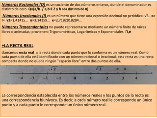 Números Racionales (Q) es un cociente de dos números enteros, donde el denominador es
distinto de cero. Q={a/b / a,b € Z y b sea distinto de 0}
Números Irracionales (I) es un número que tiene una expresión decimal no periódica. √3. =>
I= √2=1,41415... π=3,14159... e=2,7182818284...
Números Trascendentales no puede representarse mediante un número finito de raíces
libres o animadas; provienen: Trigonométricas, Logarítmicas y Exponenciales. Π,e
•LA RECTA REAL
Llamamos recta real a la recta donde cada punto que lo conforma es un número real. Como
cada punto de ella está identificado con un número racional o irracional, esta recta es una recta
compacta donde no queda ningún "espacio libre" entre dos puntos de ella.
La correspondencia establecida entre los números reales y los puntos de la recta es
una correspondencia biunívoca. Es decir, a cada número real le corresponde un único
punto y a cada punto le corresponde un único número real.
 