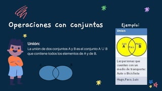 Operaciones con conjuntos
Unión:
La unión de dos conjuntos A y B es el conjunto A ∪B
que contiene todos los elementos de A y de B.
Ejemplo:
 