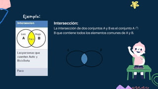 Intersección:
La intersección de dos conjuntos A y B es el conjunto A ∩
B que contiene todos los elementos comunes de A y B.
Ejemplo:
 