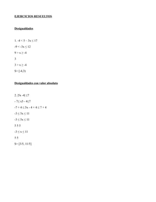 EJERCICIOS RESUELTOS
Desigualdades
1. -4 < 5 – 3x ≤ 17
-9 < -3x ≤ 12
9 > x ≥ -4
3
3 > x ≥ -4
S= [-4,3)
Desigualdades con valor absoluto
2. |5x -4| ≤7
- 7≤ x5 - 4≤7
-7 + 4 ≤ 5x - 4 + 4 ≤ 7 + 4
-3 ≤ 5x ≤ 11
-3 ≤ 5x ≤ 11
5 5 5
-3 ≤ x ≤ 11
5 5
S= [3/5, 11/5]
 