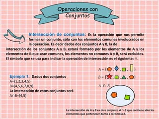 Operaciones con
Conjuntos
Intersección de conjuntos: Es la operación que nos permite
formar un conjunto, sólo con los elementos comunes involucrados en
la operación. Es decir dados dos conjuntos A y B, la de
intersección de los conjuntos A y B, estará formado por los elementos de A y los
elementos de B que sean comunes, los elementos no comunes A y B, será excluidos.
El símbolo que se usa para indicar la operación de intersección es el siguiente: ∩.
Ejemplo 1: Dados dos conjuntos
A={1,2,3,4,5}
B={4,5,6,7,8,9}
La intersección de estos conjuntos será
A∩B={4,5}
La intersección de A y B es otro conjunto A ∩ B que contiene sólo los
elementos que pertenecen tanto a A como a B.
 