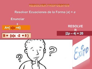 Resolver Ecuaciones de la Forma |x| = a
Enunciar
RESOLVE
R
 