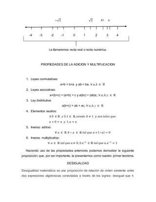 −√2 √2 ℮ 𝜋
| | | | | | | | | | | | |
-4 -3 -2 -1 0 1 2 3 4
Le llamaremos recta real o recta numérica.
PROPIEDADES DE LA ADICION Y MULTIPLICACION
1. Leyes conmutativas:
a+b = b+a y ab = ba, ∀ 𝑎,𝑏 ∈ ℛ
2. Leyes asociativas:
a+(b+c) = (a+b) + c y a(bc) = (ab)c, ∀ 𝑎, 𝑏, 𝑐 ∈ ℝ
3. Ley distributiva:
a(b+c) = ab + ac, ∀ 𝑎, 𝑏, 𝑐 ∈ ℝ
4. Elementos neutros:
∃ 0 ∈ ℝ 𝑦 ∃ 1 ∈ ℝ,𝑠𝑖𝑒𝑛𝑑𝑜 0 ≠ 1 𝑦 𝑠𝑜𝑛 𝑡𝑎𝑙𝑒𝑠 𝑞𝑢𝑒:
𝑎 + 0 = 𝑎 𝑦 1.𝑎 = 𝑎
5. Inverso aditivo:
∀ 𝑎 ∈ ℝ ∃ − 𝑎 ∈ ℝ 𝑡𝑎𝑙 𝑞𝑢𝑒 𝑎 + (−𝑎) = 0
6. Inverso multiplicativo:
∀ 𝑎 ∈ ℝ 𝑡𝑎𝑙 𝑞𝑢𝑒 𝑎 ≠ 0, ∃ 𝑎−1
∈ ℝ 𝑡𝑎𝑙 𝑞𝑢𝑒 𝑎.𝑎−1
= 1
Haciendo uso de las propiedades anteriores podemos demostrar la siguiente
proposición, que, por ser importante, la presentamos como nuestro primer teorema.
DESIGUALDAD
Desigualdad matemática es una proposición de relación de orden existente entre
dos expresiones algebraicas conectadas a través de los signos: desigual que ≠,
 