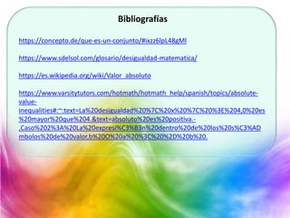 Bibliografías
https://concepto.de/que-es-un-conjunto/#ixzz6lpL48gMl
https://www.sdelsol.com/glosario/desigualdad-matematica/
https://es.wikipedia.org/wiki/Valor_absoluto
https://www.varsitytutors.com/hotmath/hotmath_help/spanish/topics/absolute-
value-
inequalities#:~:text=La%20desigualdad%20%7C%20x%20%7C%20%3E%204,0%20es
%20mayor%20que%204.&text=absoluto%20es%20positiva.-
,Caso%202%3A%20La%20expresi%C3%B3n%20dentro%20de%20los%20s%C3%AD
mbolos%20de%20valor,b%20O%20a%20%3C%20%2D%20b%20.
 