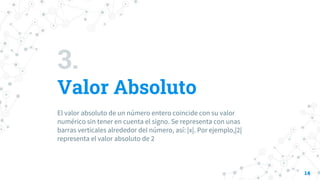 3.
Valor Absoluto
El valor absoluto de un número entero coincide con su valor
numérico sin tener en cuenta el signo. Se representa con unas
barras verticales alrededor del número, así: |x|. Por ejemplo,|2|
representa el valor absoluto de 2
14
 