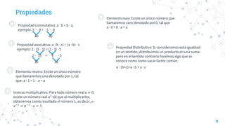 Propiedades
◎ Propiedad conmutativa: a · b = b · a.
ejemplo: 5 · 8 = 5 · 8
40 40
9
◎ Propiedad asociativa: a· (b · c) = (a · b) · c
ejemplo: 2 · (3 · 5) = (2 · 3) · 5
2 · 15 = 6 · 5
30 30
◎ Elemento neutro: Existe un único número
que llamaremos uno denotado por 1, tal
que: a · 1 = 1 · a = a
◎ Inverso multiplicativo: Para todo número real a ≠ 0,
existe un número real 𝑎1
tal que al multiplicarlos,
obtenemos como resultado el número 1, es decir, 𝑎 ·
𝑎−1
= 𝑎−1
· 𝑎 = 1
◎ Elemento nulo: Existe un único número que
llamaremos cero denotado por 0, tal que
a · 0 = 0 · a = a
◎ Propiedad Distributiva: Si consideramos esta igualdad
en un sentido, distribuimos un producto en una suma
pero en el sentido contrario haremos algo que se
conoce como como sacar factor común.
a · (b+c)=a · b + a · c
 