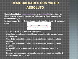 Una desigualdad de valor absoluto es una desigualdad que tiene un
signo de valor absoluto con una variable dentro. Desigualdades de
valor absoluto (<):
La desigualdad | x | < 4 significa que la distancia entre x y 0 es menor
que 4.
Así, x > -4 Y x < 4. El conjunto solución es .
Cuando se resuelven desigualdes de valor absoluto, hay dos casos
a considerar.
Caso 1: La expresión dentro de los símbolos de valor absoluto es
positiva.
Caso 2: La expresión dentro de los símbolos de valor absoluto es
negativa.
La solución es la intersección de las soluciones de estos dos
casos.
En otras palabras, para cualesquiera numéros reales a y b , si | a |
< b , entonces a < b Y a > - b .
 