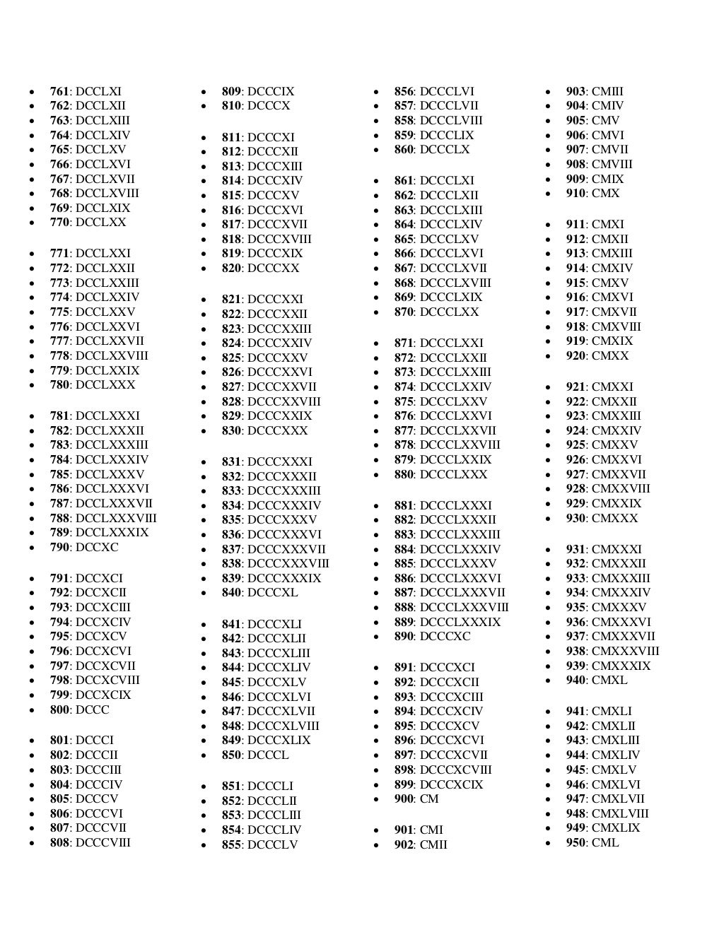 Numeros romanos del 1 al 1000
