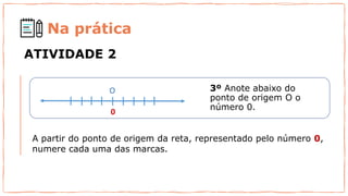 3º Anote abaixo do
ponto de origem O o
número 0.
A partir do ponto de origem da reta, representado pelo número 0,
numere cada uma das marcas.
Na prática
ATIVIDADE 2
 