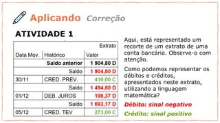 Débito: sinal negativo
Crédito: sinal positivo
Correção
Aplicando
Aqui, está representado um
recorte de um extrato de uma
conta bancária. Observe-o com
atenção.
Como podemos representar os
débitos e créditos,
apresentados neste extrato,
utilizando a linguagem
matemática?
ATIVIDADE 1
 