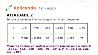 Números inteiros em ordem crescente (menor para o maior):
−3 199, −623, −298, −122, −91, −69, 0, 8, 71, 99, 178, 298,
551, 2 066
Escreva os números inteiros a seguir, em ordem crescente.
Aplicando
ATIVIDADE 2
Correção
 