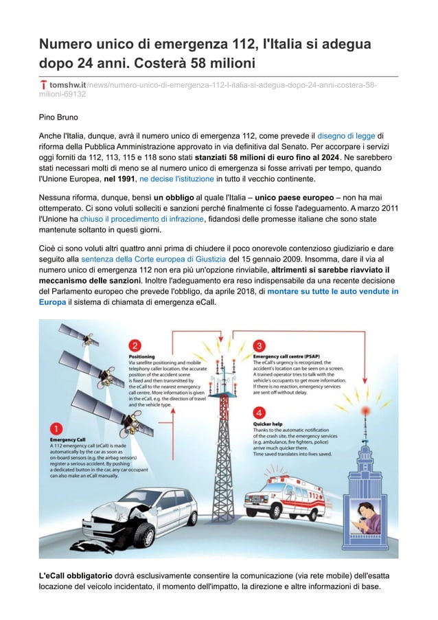 Numero unico di emergenza 112 l'italia si adegua dopo 24 anni costerà