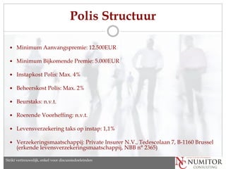 Polis Structuur

   Minimum Aanvangspremie: 12.500EUR

   Minimum Bijkomende Premie: 5.000EUR

   Instapkost Polis: Max. 4%

   Beheerskost Polis: Max. 2%

   Beurstaks: n.v.t.

   Roerende Voorheffing: n.v.t.

   Levensverzekering taks op instap: 1,1%

   Verzekeringsmaatschappij: Private Insurer N.V., Tedescolaan 7, B-1160 Brussel
      (erkende levensverzekeringsmaatschappij, NBB n° 2365)

Strikt vertrouwelijk, enkel discussion purposes only
   Strictly confidential, for voor discussiedoeleinden
 