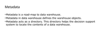 Metadata
•Metadata is a road-map to data warehouse.
•Metadata in data warehouse defines the warehouse objects.
•Metadata acts as a directory. This directory helps the decision support
system to locate the contents of a data warehouse.
 