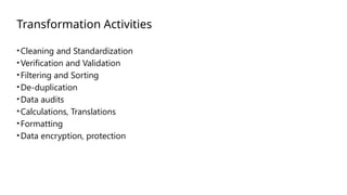 Transformation Activities
•Cleaning and Standardization
•Verification and Validation
•Filtering and Sorting
•De-duplication
•Data audits
•Calculations, Translations
•Formatting
•Data encryption, protection
 