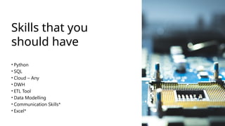 Skills that you
should have
• Python
• SQL
• Cloud – Any
• DWH
• ETL Tool
• Data Modelling
• Communication Skills*
• Excel*
 