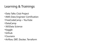 Learning & Trainings
•Data Talks Club Project
•AWS Data Engineer Certification
•FreeCodeCamp – YouTube
•DataCamp
•365Data Science
•Kaggle
•Github
•Coursera
•Airflow, DBT, Docker, Terraform
 