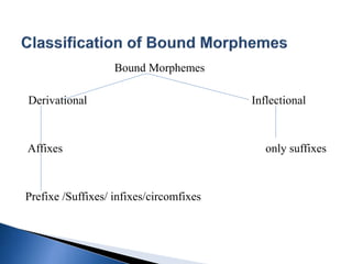 Bound Morphemes
Derivational Inflectional
Affixes only suffixes
Prefixe /Suffixes/ infixes/circomfixes
 