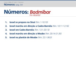 1. Israel se prepara no Sinai (Nm. 1-10:10)
2. Israel marcha em direção a Cades-Barnéia (Nm. 10:11-12:16)
3. Israel em Cades-Barnéia (Nm. 13:1-20:13)
4. Israel marcha em direção a Moabe (Nm. 20:14-21:35)
5. Israel na planície de Moabe (Nm. 22:1-36:3)
Números: Badmibar(no deserto)
Curso A Bíblia AT: Aula 5 - Números
Números (pág. 54)
 