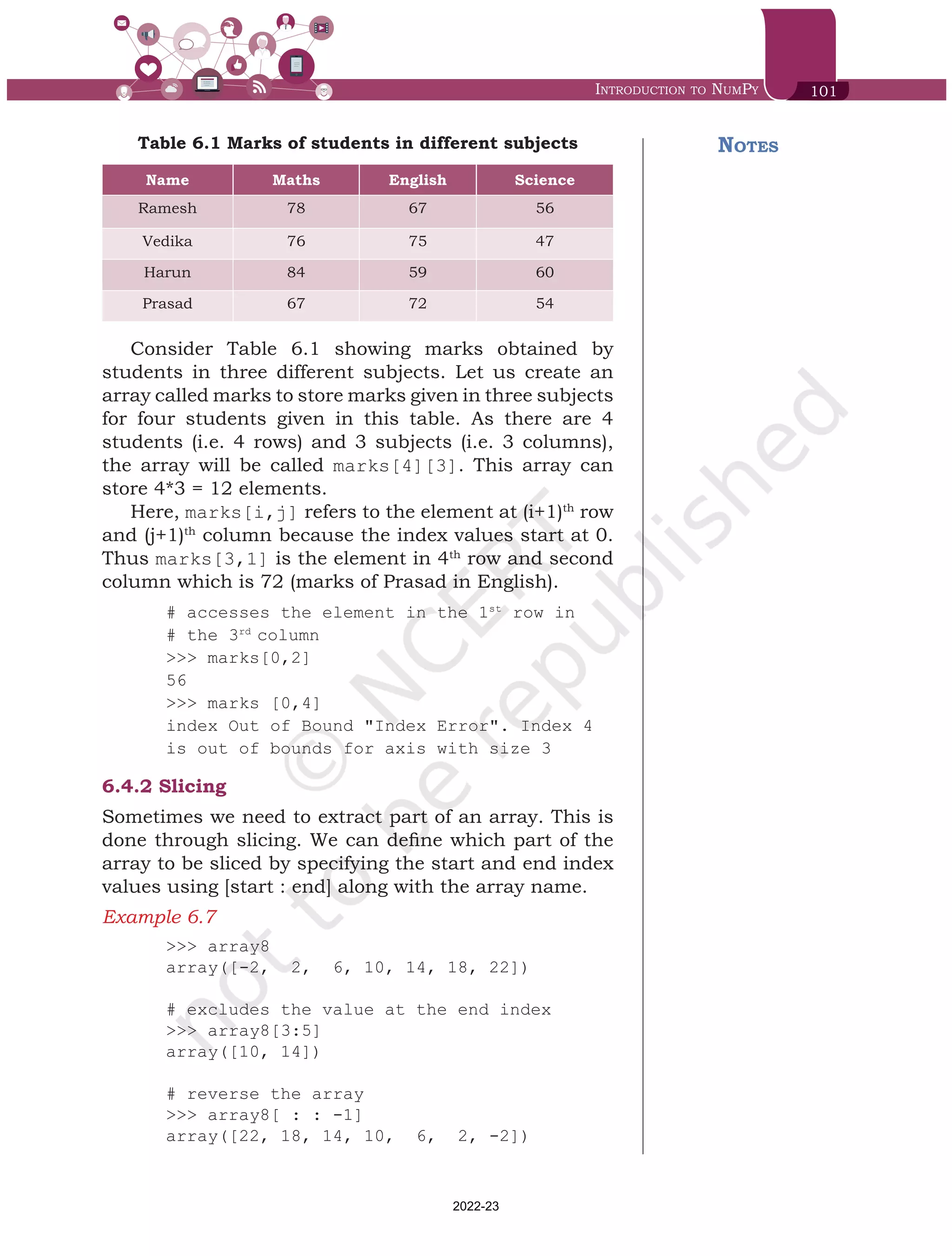 Introduction to NumPy 101
Table 6.1 Marks of students in different subjects
Name Maths English Science
Ramesh 78 67 56
Vedika 76 75 47
Harun 84 59 60
Prasad 67 72 54
Consider Table 6.1 showing marks obtained by
students in three different subjects. Let us create an
array called marks to store marks given in three subjects
for four students given in this table. As there are 4
students (i.e. 4 rows) and 3 subjects (i.e. 3 columns),
the array will be called marks[4][3]. This array can
store 4*3 = 12 elements.
Here, marks[i,j] refers to the element at (i+1)th
row
and (j+1)th
column because the index values start at 0.
Thus marks[3,1] is the element in 4th
row and second
column which is 72 (marks of Prasad in English).
# accesses the element in the 1st
row in
# the 3rd
column
>>> marks[0,2]
56
>>> marks [0,4]
index Out of Bound "Index Error". Index 4
is out of bounds for axis with size 3
6.4.2	Slicing
Sometimes we need to extract part of an array. This is
done through slicing. We can define which part of the
array to be sliced by specifying the start and end index
values using [start : end] along with the array name.
Example 6.7	
>>> array8
array([-2, 2, 6, 10, 14, 18, 22])
# excludes the value at the end index
>>> array8[3:5]
array([10, 14])
# reverse the array
>>> array8[ : : -1]
array([22, 18, 14, 10, 6, 2, -2])
Notes
Chap 6.indd 101 19-Jul-19 3:43:32 PM
2022-23
 