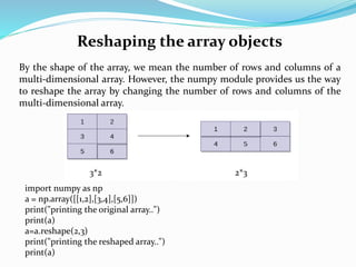 Reshaping the array objects
By the shape of the array, we mean the number of rows and columns of a
multi-dimensional array. However, the numpy module provides us the way
to reshape the array by changing the number of rows and columns of the
multi-dimensional array.
import numpy as np
a = np.array([[1,2],[3,4],[5,6]])
print("printing the original array..")
print(a)
a=a.reshape(2,3)
print("printing the reshaped array..")
print(a)
3*2 2*3
 