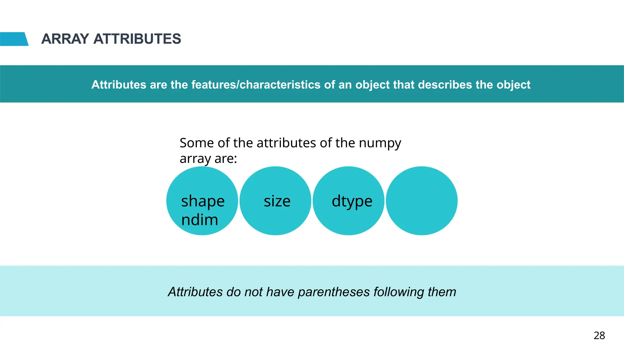 ARRAY ATTRIBUTES
Some of the attributes of the numpy
array are:
shape size dtype
ndim
Attributes are the features/characteristics of an object that describes the object
Attributes do not have parentheses following them
28
 