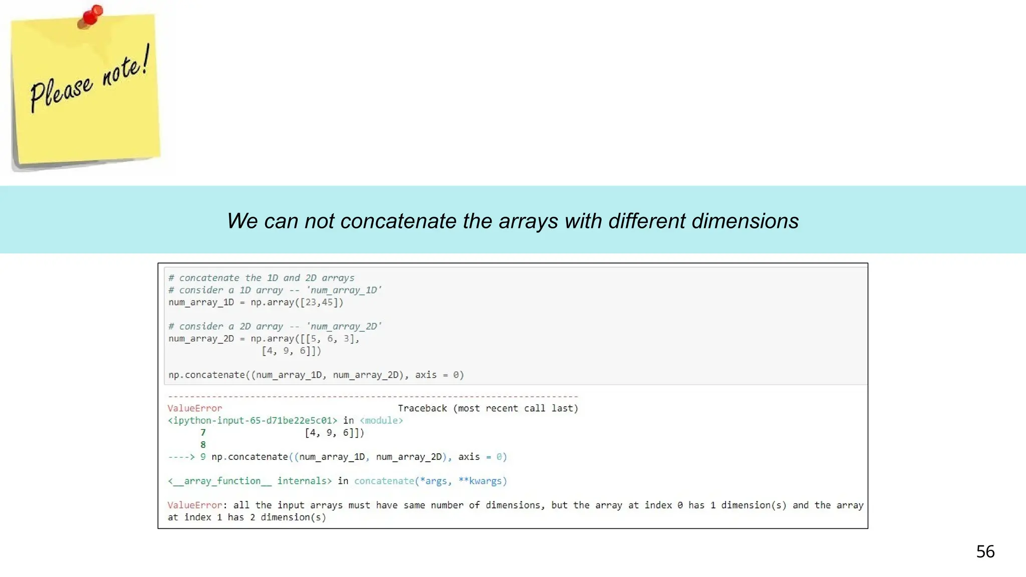 We can not concatenate the arrays with different dimensions
56
 