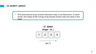 1D NUMPY ARRAY
• One dimensional array contains elements only in one dimension. In other
words, the shape of the numpy array should contain only one value in the
tuple
8
 
