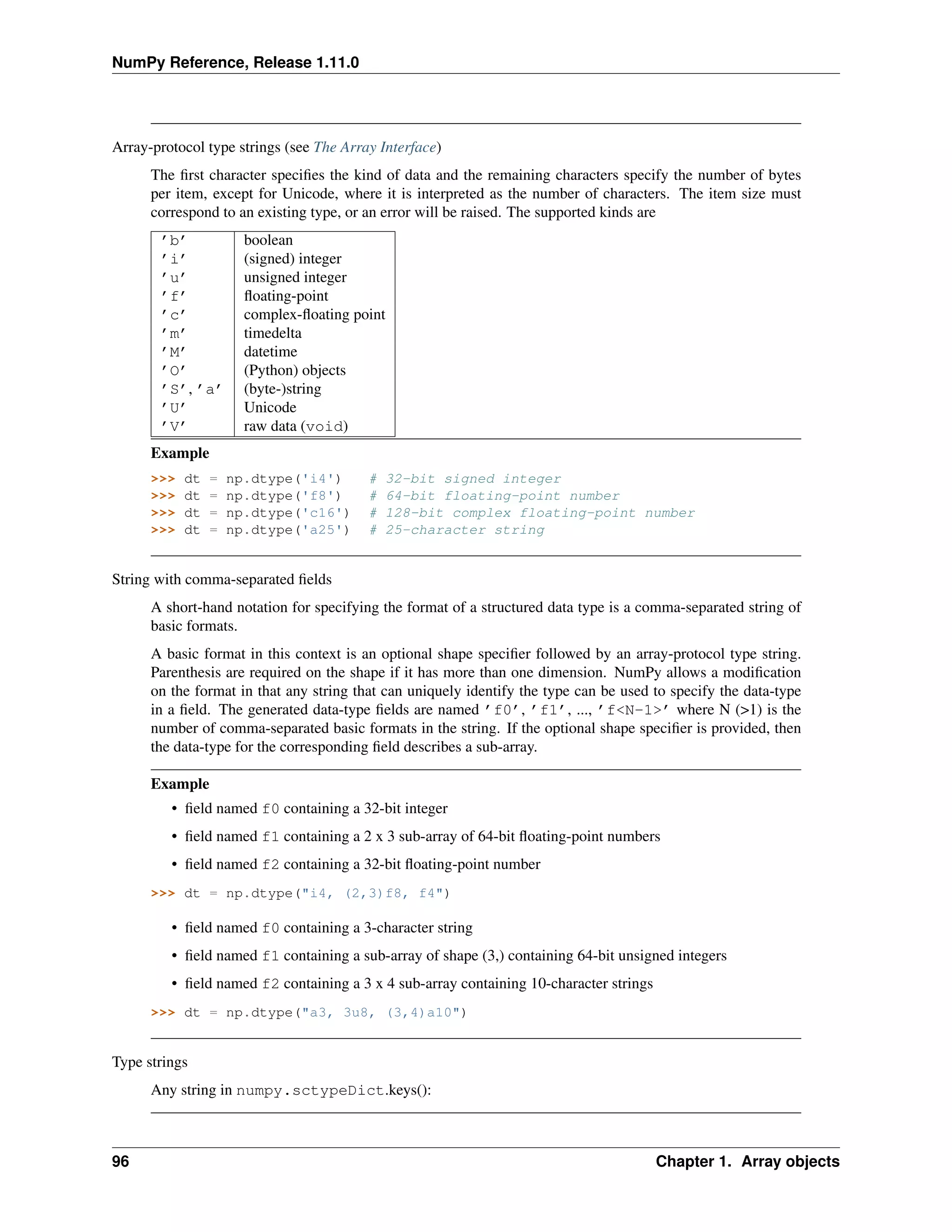 NumPy Reference, Release 1.11.0
Array-protocol type strings (see The Array Interface)
The first character specifies the kind of data and the remaining characters specify the number of bytes
per item, except for Unicode, where it is interpreted as the number of characters. The item size must
correspond to an existing type, or an error will be raised. The supported kinds are
’b’ boolean
’i’ (signed) integer
’u’ unsigned integer
’f’ floating-point
’c’ complex-floating point
’m’ timedelta
’M’ datetime
’O’ (Python) objects
’S’, ’a’ (byte-)string
’U’ Unicode
’V’ raw data (void)
Example
>>> dt = np.dtype('i4') # 32-bit signed integer
>>> dt = np.dtype('f8') # 64-bit floating-point number
>>> dt = np.dtype('c16') # 128-bit complex floating-point number
>>> dt = np.dtype('a25') # 25-character string
String with comma-separated fields
A short-hand notation for specifying the format of a structured data type is a comma-separated string of
basic formats.
A basic format in this context is an optional shape specifier followed by an array-protocol type string.
Parenthesis are required on the shape if it has more than one dimension. NumPy allows a modification
on the format in that any string that can uniquely identify the type can be used to specify the data-type
in a field. The generated data-type fields are named ’f0’, ’f1’, ..., ’f<N-1>’ where N (>1) is the
number of comma-separated basic formats in the string. If the optional shape specifier is provided, then
the data-type for the corresponding field describes a sub-array.
Example
• field named f0 containing a 32-bit integer
• field named f1 containing a 2 x 3 sub-array of 64-bit floating-point numbers
• field named f2 containing a 32-bit floating-point number
>>> dt = np.dtype("i4, (2,3)f8, f4")
• field named f0 containing a 3-character string
• field named f1 containing a sub-array of shape (3,) containing 64-bit unsigned integers
• field named f2 containing a 3 x 4 sub-array containing 10-character strings
>>> dt = np.dtype("a3, 3u8, (3,4)a10")
Type strings
Any string in numpy.sctypeDict.keys():
96 Chapter 1. Array objects
 