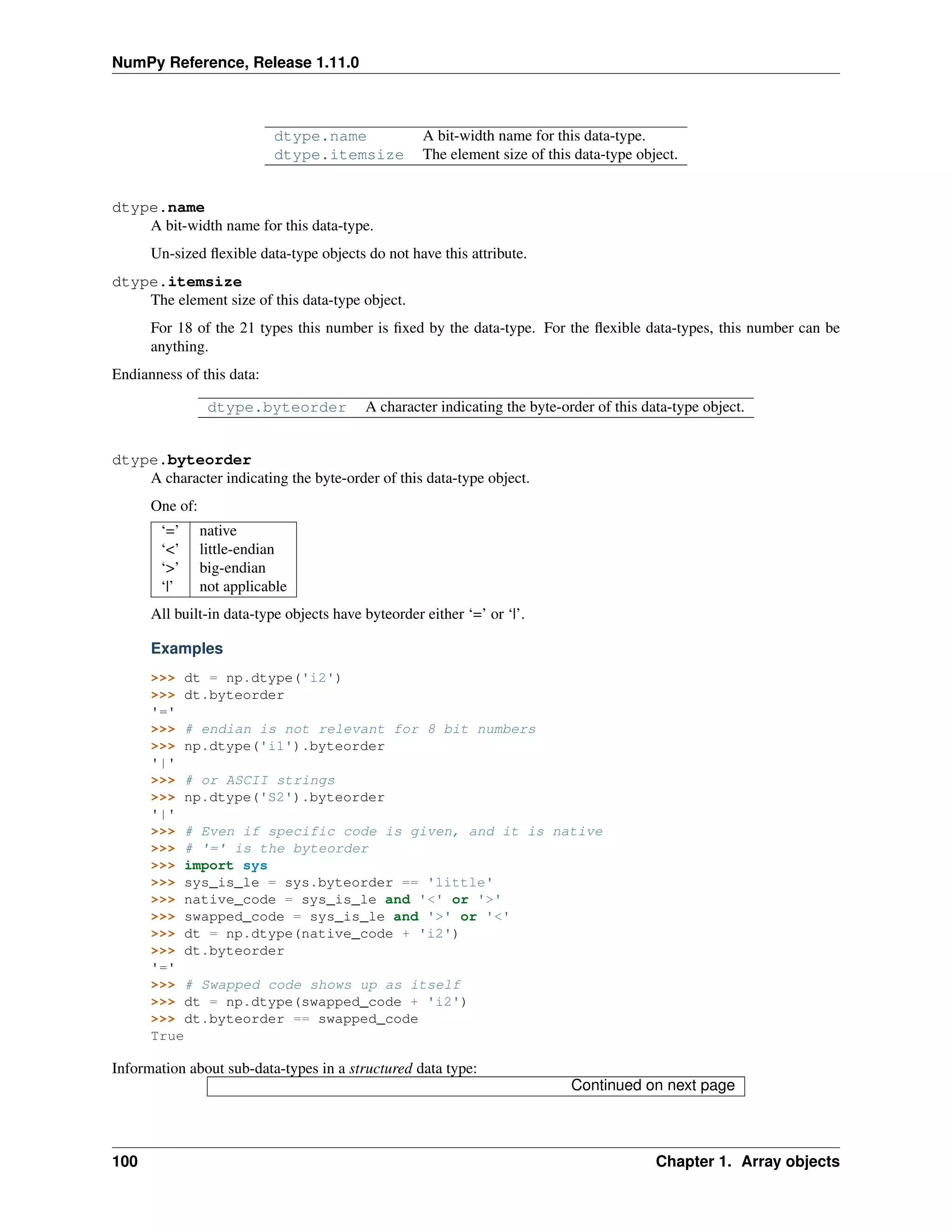 NumPy Reference, Release 1.11.0
dtype.name A bit-width name for this data-type.
dtype.itemsize The element size of this data-type object.
dtype.name
A bit-width name for this data-type.
Un-sized flexible data-type objects do not have this attribute.
dtype.itemsize
The element size of this data-type object.
For 18 of the 21 types this number is fixed by the data-type. For the flexible data-types, this number can be
anything.
Endianness of this data:
dtype.byteorder A character indicating the byte-order of this data-type object.
dtype.byteorder
A character indicating the byte-order of this data-type object.
One of:
‘=’ native
‘<’ little-endian
‘>’ big-endian
‘|’ not applicable
All built-in data-type objects have byteorder either ‘=’ or ‘|’.
Examples
>>> dt = np.dtype('i2')
>>> dt.byteorder
'='
>>> # endian is not relevant for 8 bit numbers
>>> np.dtype('i1').byteorder
'|'
>>> # or ASCII strings
>>> np.dtype('S2').byteorder
'|'
>>> # Even if specific code is given, and it is native
>>> # '=' is the byteorder
>>> import sys
>>> sys_is_le = sys.byteorder == 'little'
>>> native_code = sys_is_le and '<' or '>'
>>> swapped_code = sys_is_le and '>' or '<'
>>> dt = np.dtype(native_code + 'i2')
>>> dt.byteorder
'='
>>> # Swapped code shows up as itself
>>> dt = np.dtype(swapped_code + 'i2')
>>> dt.byteorder == swapped_code
True
Information about sub-data-types in a structured data type:
Continued on next page
100 Chapter 1. Array objects
 